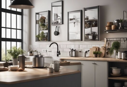 Kitchen interior panoramic background 3d render