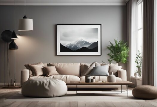 Horizontal mockup poster in modern living room pastel colors interior background 3D render