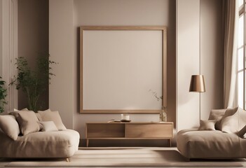 Poster frame mock-up in home interior background living room in beige and brown colors 3d render