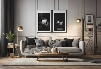 Fototapeta na wymiar Home interior background with sofa table two vertical artworks on the wall and decor in pastel colors living room 3d render