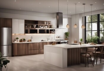Panoramic modern spacious kitchen interior background 3d render