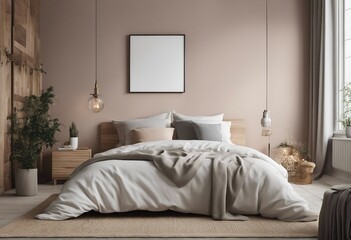 Scandinavian farmhouse bedroom interior with blank square artwork template mock up on the wall above unmade bad