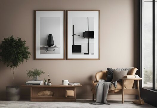 Two vertical artwork or poster frame mockup in modern home interior beige room background 3d render