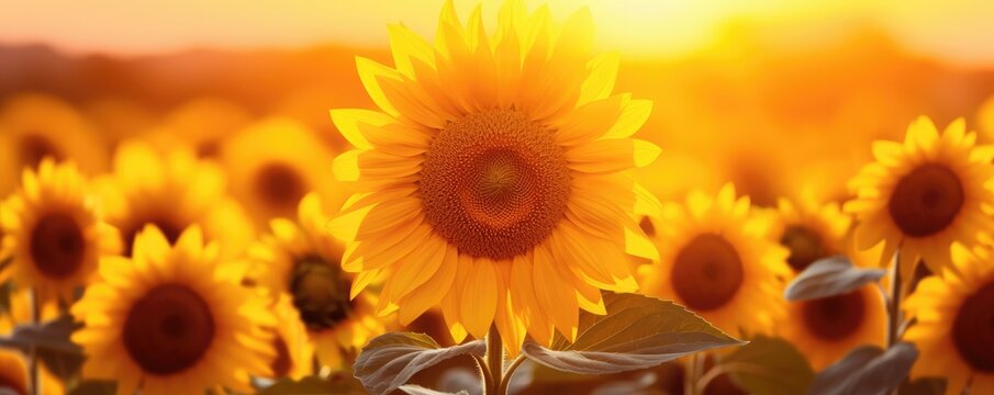 Sunflower  in a yellow sunflower field in nature. Sunset. Generative ai - Powered by Adobe