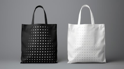  a black and white tote bag sitting next to each other on top of a white tablecloth covered table. - obrazy, fototapety, plakaty