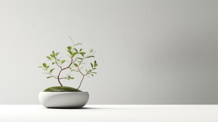  a small potted plant sitting on top of a white table next to a white vase with a green plant in it.