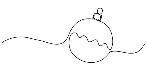 One Christmas ball minimalism one line style vector illustration. Continuous line drawing christmas tree decoration. Black contour isolated holiday symbol for poster, card, invitation, social media