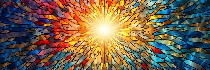 Rays of bright sun pass through colored stained glass, banner