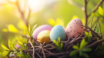 Fotobehang Colourful easter eggs lying in a nest in nature © Flowal93
