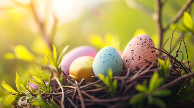 Colourful easter eggs lying in a nest in nature