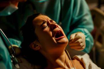 Woman experiencing pain during childbirth. Shallow field of view.