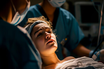 Anxious expectant mother in hospital before childbirth.
