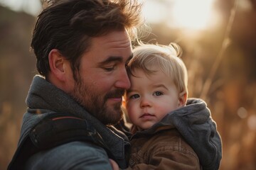 Vater trägt Kind auf dem Arm, Vater-Kind-Beziehung, outdoor - obrazy, fototapety, plakaty