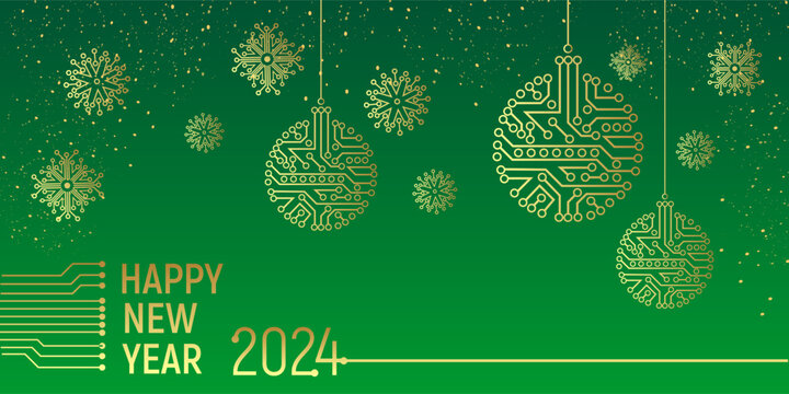 Chip circuit new year 2024 card template with christmas balls, snowflakes. Horizontal greeting card template for IT technologies, technical, electronic, digital, system integration companies.