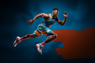 African-American sprinter athlete wearing a bright graphic uniform on a blue and red background. - obrazy, fototapety, plakaty