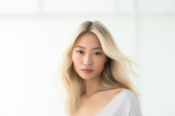 Naklejka premium Portrait of a Beautiful Blonde Asian Woman on a White Studio Background