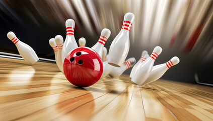 Bowling strike. Bowling Ball crashing into the pins on bowling alley line.  Concept of Sport competition or Tournament.

