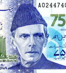 Muhammad Ali Jinnah (1876 - 1948). Portrait from Pakistan 75 Rupee (2023) banknotes - 699811690