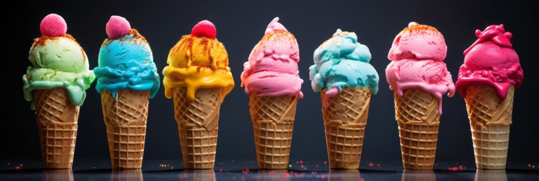 Ice cream scoops with different toppings and flavors on a black background, banner