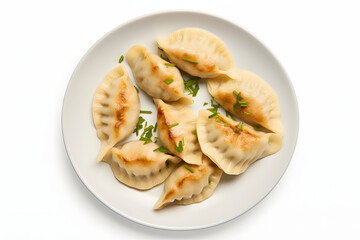 Ukrainian vareniki dumplings or pierogi with mashed potato filling, delicious cuisine, isolated on...