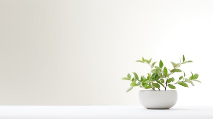  a small potted plant sitting on top of a white table in front of a white wall in an empty room. - obrazy, fototapety, plakaty