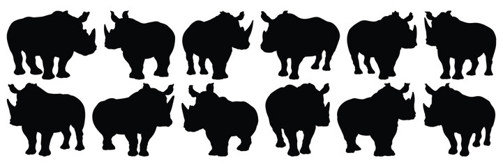 Rhino silhouettes set, large pack of vector silhouette design, isolated white background - obrazy, fototapety, plakaty