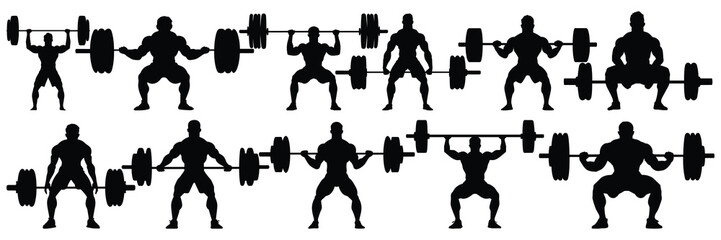 Fototapeta premium Bodybuilder fitness and gym silhouettes set, large pack of vector silhouette design, isolated white background