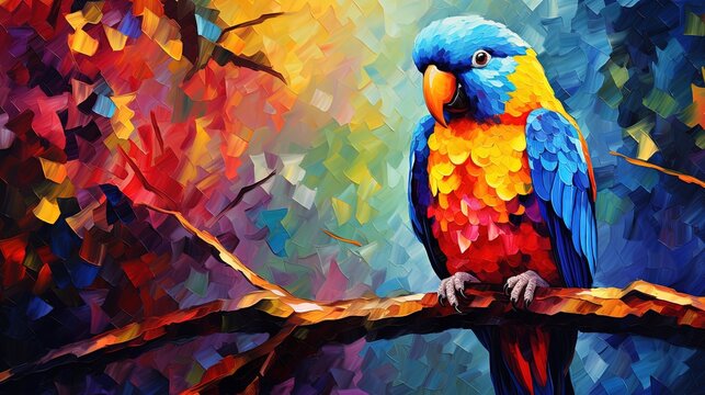 oil painting style illustration, parrot bird in tropical jungle ,cute and adorable wildlife, idea for wall art decor and background wallpaper, Generative Ai