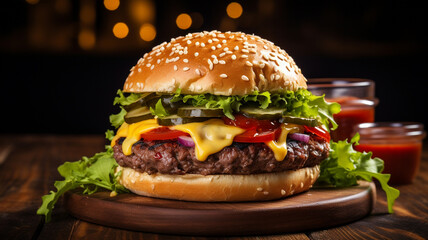 delicious fresh burger with beef, cheese, tomato, lettuce