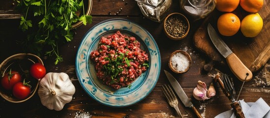 Ingredients for steak tartare and forks on kitchen table