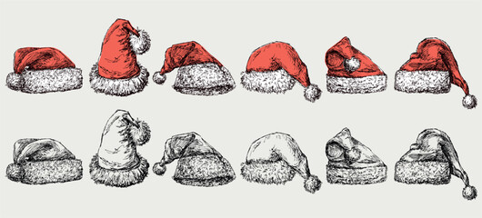 Collection of different sketches red Santa Claus hats with white fur and pom-poms, hats for Christmas - obrazy, fototapety, plakaty