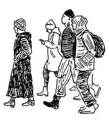 Contour hand drawing of side view casual city dwellers men women from people crowd walking down urban street