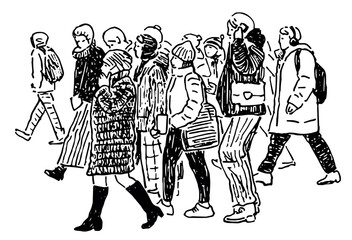 Outline hand drawing of side view casual city dwellers men women from people crowd walking down urban street