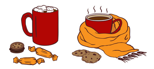 Hot winter drinks cup, mug. Hand drawn illustration beverages for cold days. Christmas winter mood doodle vector Mug with cocoa, tea, coffee, cookie. Concept for cafe, poster, recipes, social media