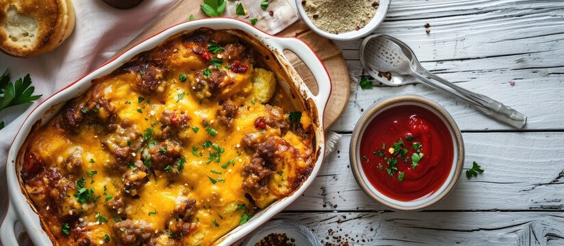 English Muffin Sausage Breakfast Casserole Served In Baking Dish With Sauce And Spices, Seen From Above On White Wooden Table.