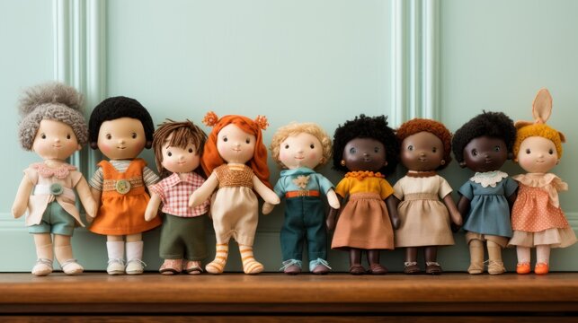  a group of dolls standing next to each other on top of a wooden table in front of a blue wall.