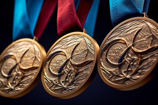 Set of gold medals with red and blue ribbons on dark background close-up. Medals for winners of Olympiads, world championships, competitions and international sports events