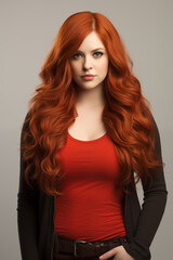 Captivating portrait of a stunning young redhead woman with flowing long hair, showcasing natural beauty and allure.