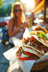 Mouthwatering tacos served in a contemporary food court setting, with a woman in the background adding a vibrant and dynamic touch to the scene.