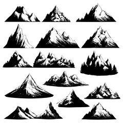Vector illustration set of simple mountain line icon, silhouette peak of rocky mountains and mountain icon with cloud and sun.