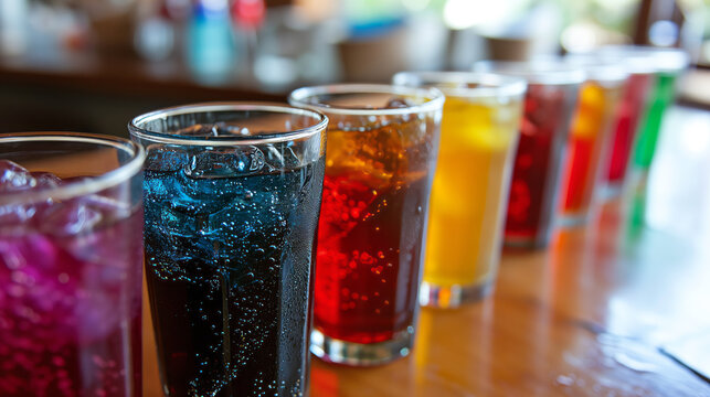 Vibrant set showcasing colorful soda drinks in glasses placed on a table, creating a lively and visually appealing composition.