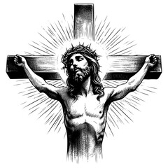 Old engraved illustration of the Lord Jesus Christ on the Cross, The crucified Jesus