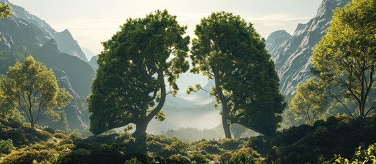 The lung-like shape against mountains. Trees purify air. Ecological idea. - obrazy, fototapety, plakaty