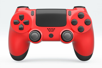 Realistic red video game joystick or gamepad on white background