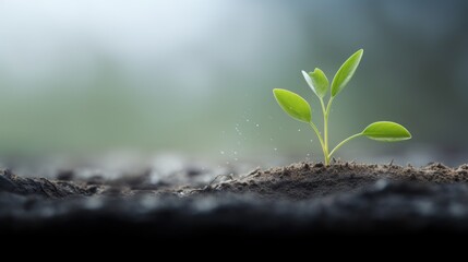  a small green plant sprouts from the ground in the middle of a dirt area with a blurry background.