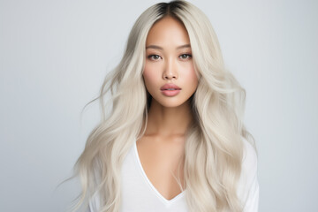 Naklejka premium Beauty Portrait of Platinum Blond Asian Girl With Clean Healthy Skin and Long Hair on Light Grey Background