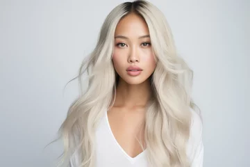 Fotobehang Beauty Portrait of Platinum Blond Asian Girl With Clean Healthy Skin and Long Hair on Light Grey Background © Nikki AI