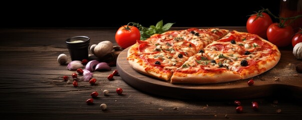 Seafood pizza with tomato sauce on wood table. Generative ai