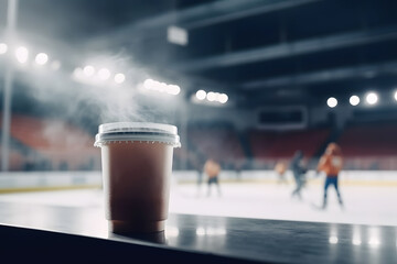 Paper cup with space for mock up located on stand of sport arena