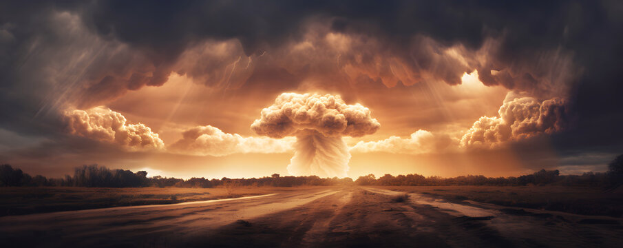Atomic bomb explosion during nuclear weapon testing in desert